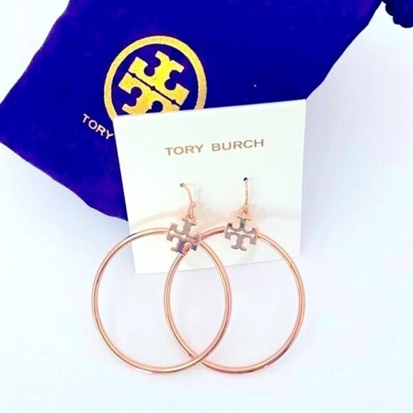NWOT Tory Burch Rose Gold T Logo Hoop Earrings - Picture 3 of 5